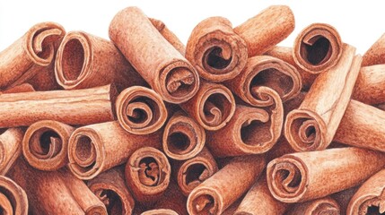 Cinnamon sticks piled high.  Detailed illustration of aromatic spice