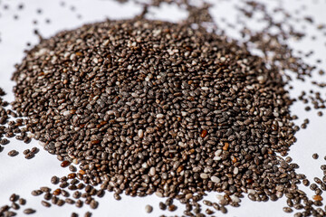 close-up of chia seeds, useful for improving digestion and saturating the body with vitamins and minerals. concept of dietetics, fitness, healthy eating.