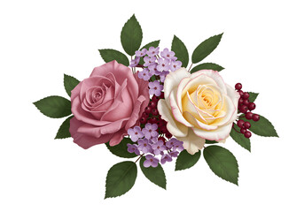 Elegant Rose and Small Purple Flowers Bouquet Isolated

