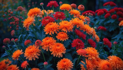Autumn Chrysanthemum Flowers in Garden Setting with Evening Light