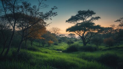 Fototapeta premium Serene evening scene featuring lush green foliage, wild trees, and peaceful grasslands illuminated by gentle ambient light
