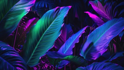 Fototapeta premium Neon botanical poster featuring pink and purple tropical leaves
