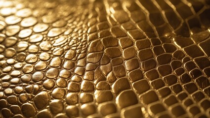 Detailed close-up of gold and metallic reptile skin with textured pattern