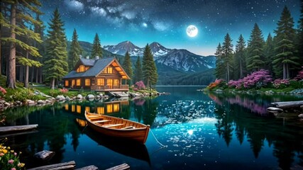 
Moonlit cabin by a peaceful lake with pine trees, rowboat, and glowing windows under starry night sky - Powered by Adobe