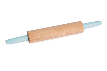Wooden rolling pin with blue handles isolated on white background, rolling pin template for making cookies and other flour dishes, copy space