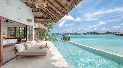 Luxurious tropical villa with pool overlooking turquoise ocean