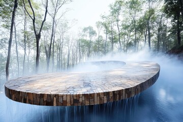 Wooden walkway, misty forest