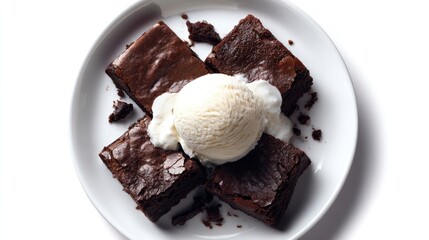Chocolate Brownies with Ice Cream on Plate