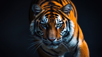 Naklejka premium Close-up of a fierce tiger's face with intense gaze against a dark background