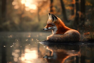 A fox resting near the water with reflection and a forest background in a golden light setting