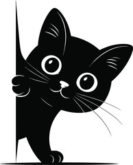 Abstract Vector Logo Icon Illustration of a Curious Black Cat Peeking Behind a Vertical Surface.