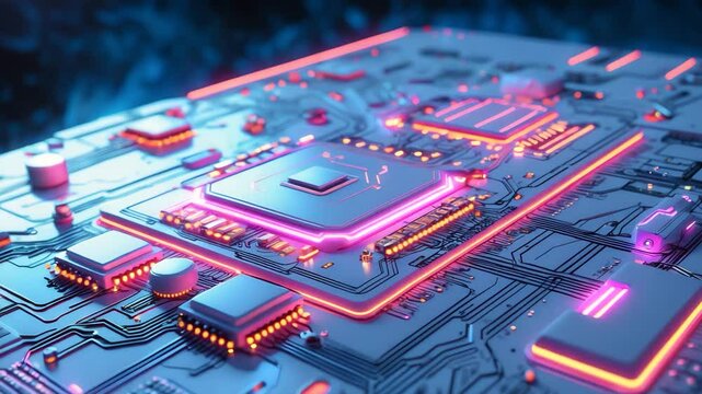 Digital abstract animation of white textured printed circuit boards showcasing electronic hardware technology