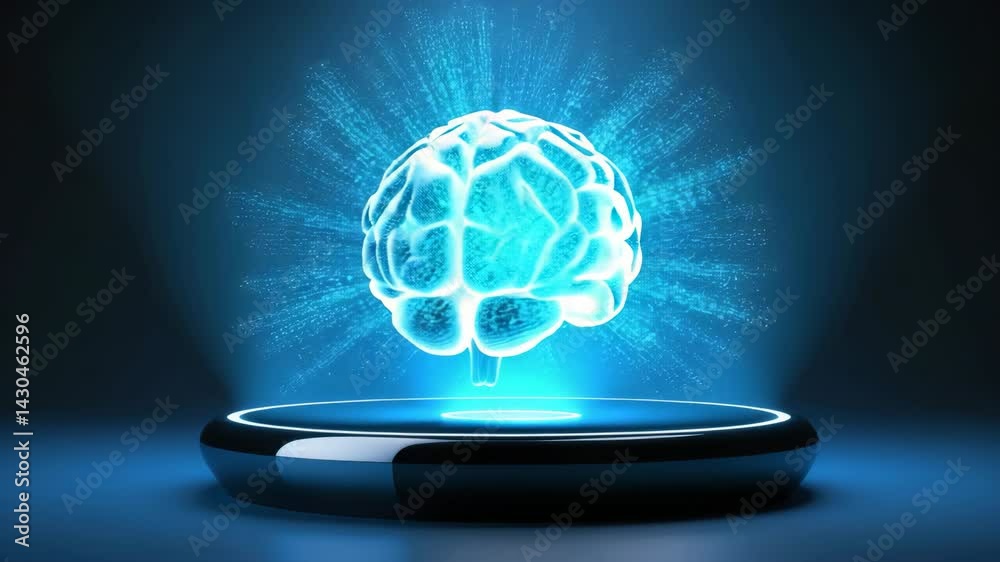 Poster ai brain concept centered on a circular platform with digital and neural elements