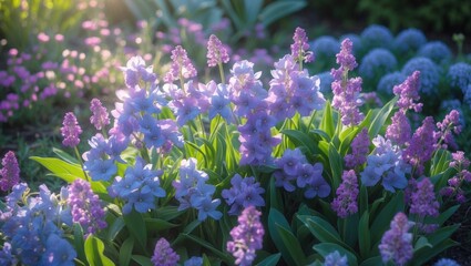 Fototapeta premium Moss with creeping flowers in mauve, pink, and lavender purple hues blooming during spring and early summer garden scenery