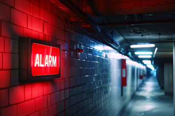 A red emergency alarm sign illuminates a brick wall in an industrial-style environment.