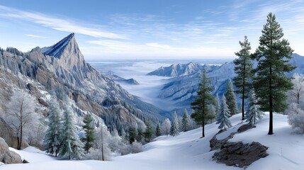 A Breathtaking Sunrise Over Snow-Capped Mountains and an Enchanting Foggy Valley with Snowy Trees in the Foreground Perfect for Romantic Getaways