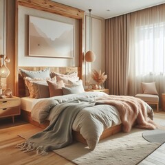 744 Cozy bedroom with wooden accents soft pastel colors and a pl
