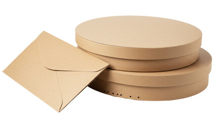 Isolated Stack of Round Cardboard Boxes and Envelope