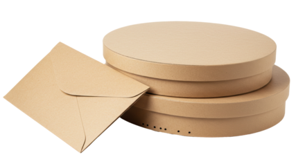 Isolated Stack of Round Cardboard Boxes and Envelope