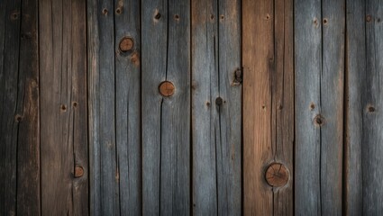 Obraz premium Aged wood background featuring vertical knots and nails with space for text