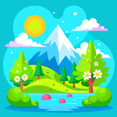 Obraz premium Flat design vector illustration concept of summer landscape with mountains, forest, river, flowers and sky.