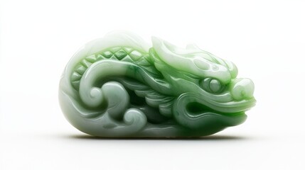 Fototapeta premium A beautifully carved jade pendant with intricate Chinese motifs, glowing under soft lighting, isolated on a white background,