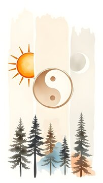 Sun, Yin-yang sign, Moon and Pine trees or Christmas trees in watercolor collage vertical brushstroke with vintage theme