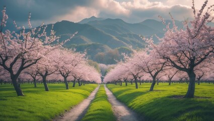 Cherry blossom season in orchard during springtime