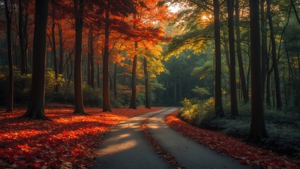 Fototapeta premium Autumnal forest scene with golden and crimson leaves covering the ground amidst tall trees under sunlight
