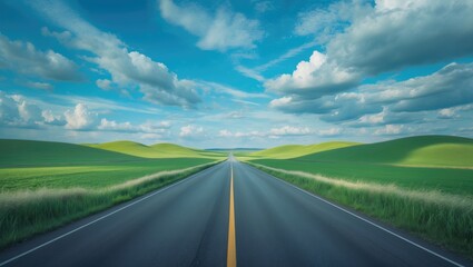 Fototapeta premium Wide open road extending ahead through scenic green hills under a clear blue sky