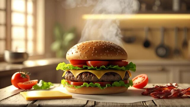 Cheeseburger with beef, cheese, salad, and tomato mockup in kitchen animation, featuring crispy, classic, and fast food elements