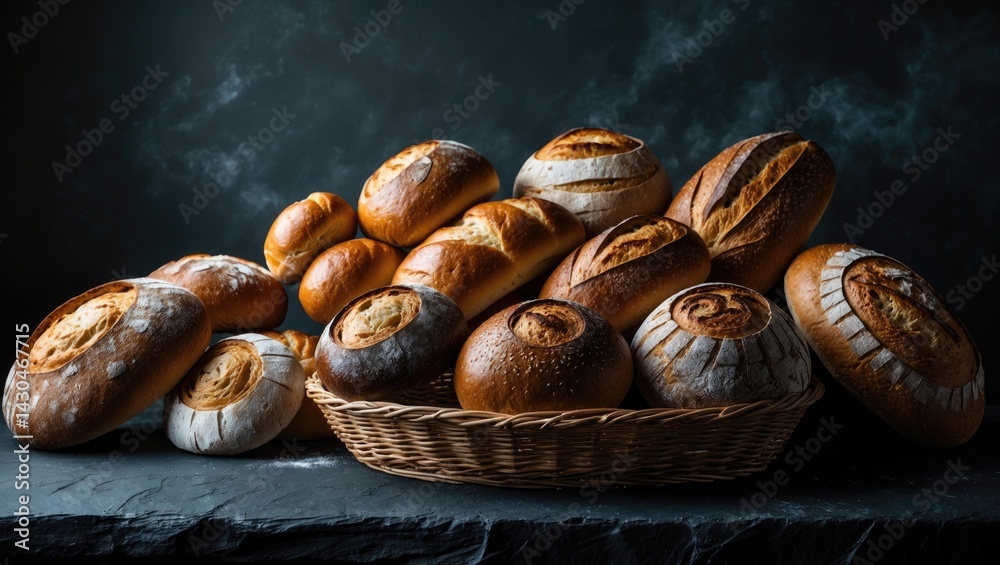 Poster Assorted bread varieties on a dark surface with a bakery theme, close-up shot and space for text.
