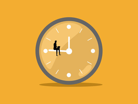 Part time workers, overtime work, businessman using laptop on clock