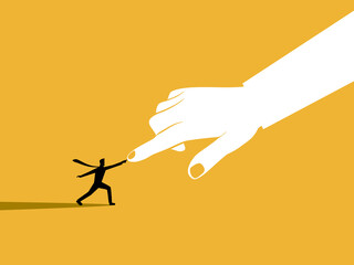 Fighting against supernatural powers, Businessman pushing giant hand.