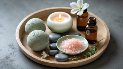 Obraz na płótnie Canvas Wooden tray displaying herbal massage bags, essential oils, sea salt, spa stones, and a candle on a grey table, closeup view