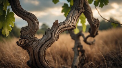 Ancient grapevine branch in a vineyard