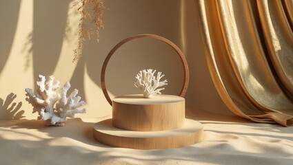 Circular wooden product display stand featuring dried plant, stylish hanging fabric drape, and window shadow against a premium background