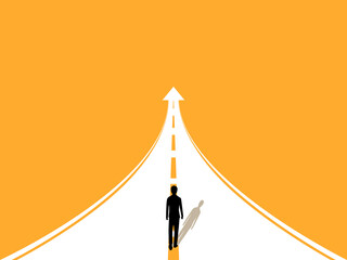 Move forward, man walking on the road arrow growth