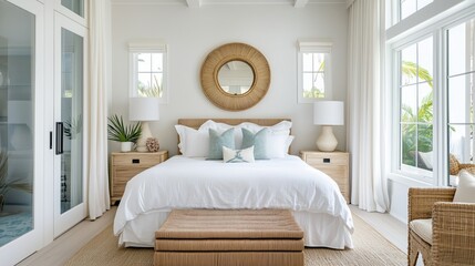 Coastal bedroom design with rattan accents and white linens