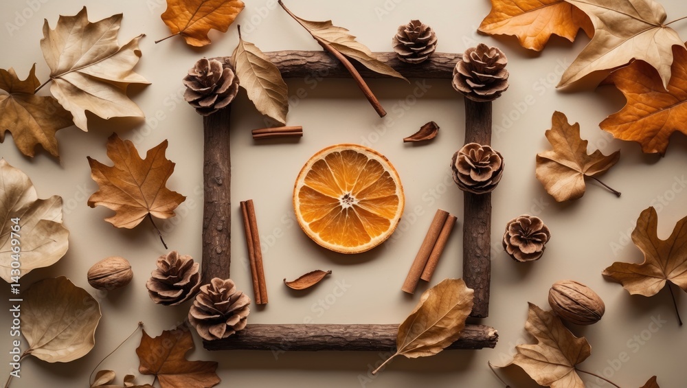 Poster autumn leaves and natural elements frame from above with nuts, cones, dried fruits, and cinnamon sti