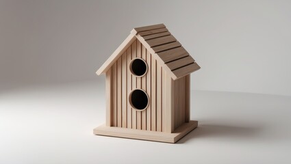 Adorable wooden cottage. Tiny residence featuring a flower-shaped window, crafted from durable wood. Interior, garden decoration. Birdcage set against a white backdrop. Aerial perspective