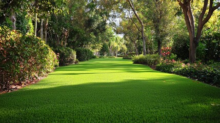 Lush green pathway surrounded by vibrant foliage in a tranquil garden setting during daylight hours