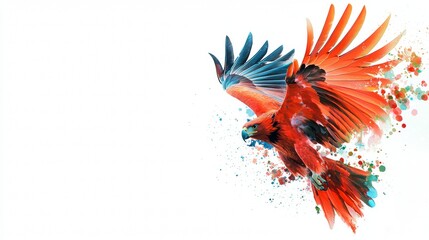 Colorful parrot soaring through the sky with vibrant feathers and splashes of color surrounding it