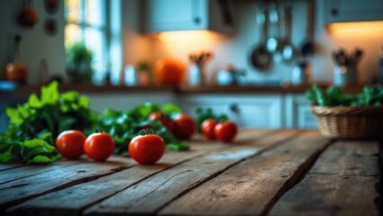 Fototapeta premium Old wooden table set in kitchen interior with blurred vegetables