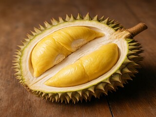 Fototapeta premium Close-Up of Durian with Yellow Flesh on Wooden Surface 