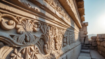 Obraz premium Close-Up of Ancient Carved Stone Wall with Geometric Patterns