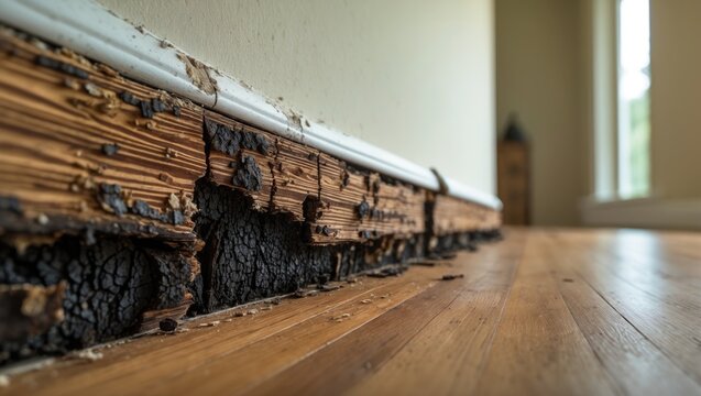 Wooden wall suffered damage from termite infestation inside the house.