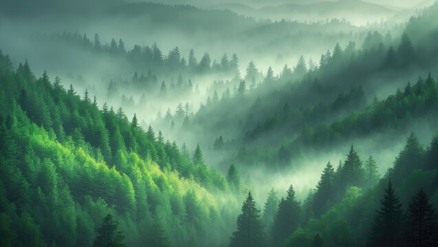 Vibrant green pine woodland in mountain wilderness with mist creating layered scenery