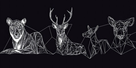 A monochrome line art sketch of animals in a geometric, artistic style