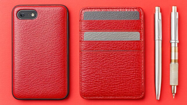 Red Textured Phone Case and Card Holder with Silver Pen on Red Background